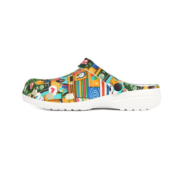 Colorful clog shoe with a pattern on a white background