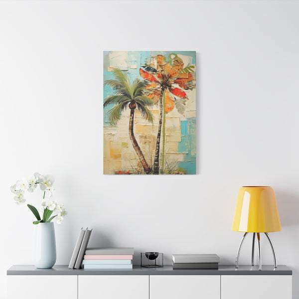 Colorful palm tree painting on a wall above a shelf with decor items.