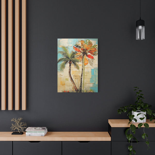 Framed artwork of palm trees on a dark wall with a wooden shelf and plant.
