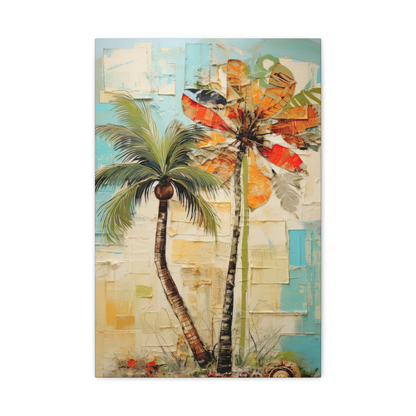 Artistic depiction of palm trees with a colorful abstract background