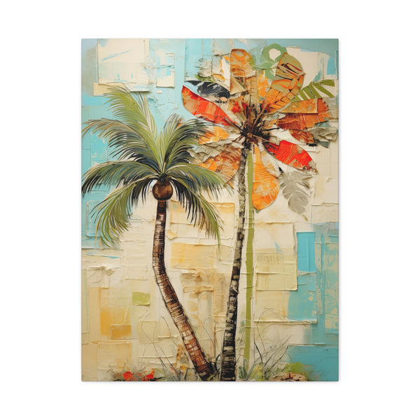 Colorful abstract painting with palm trees and geometric shapes