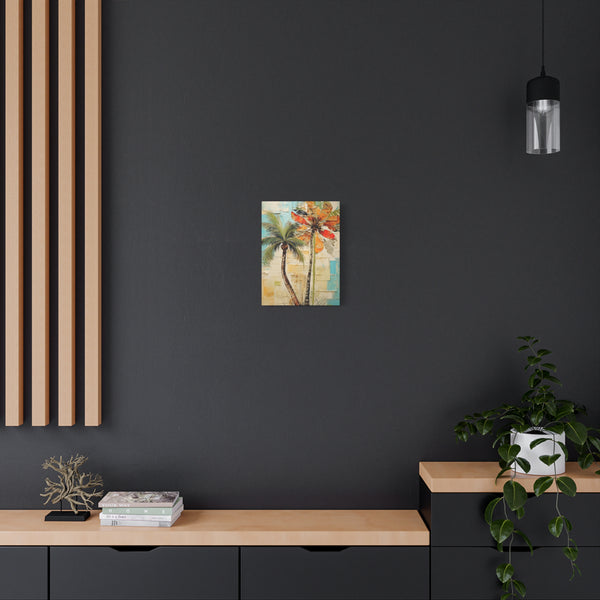 Artistic depiction of palm trees on a dark wall with wooden shelves and decor.