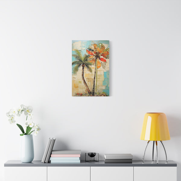 Tropical palm tree painting on a wall above a shelf with decor items.