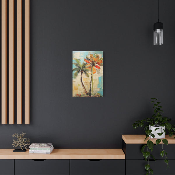 Artistic depiction of palm trees on a dark wall with wooden shelves and decor.