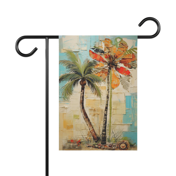 Decorative garden flag with palm trees and a windmill on a white background