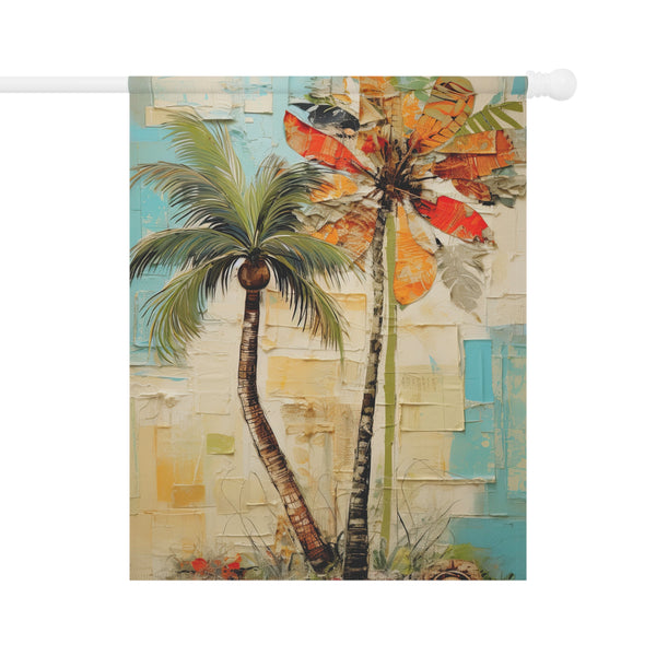Decorative flag with palm trees and abstract design on a white background