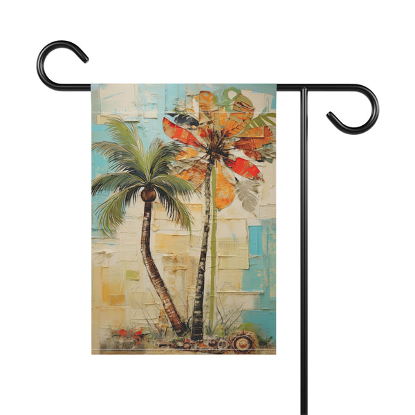 Decorative garden flag with palm trees and a colorful design on a white background
