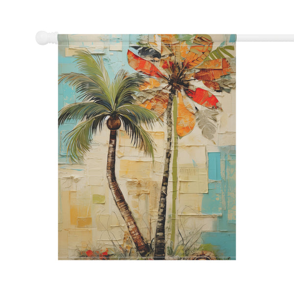 Decorative flag with palm trees and abstract design on a white background