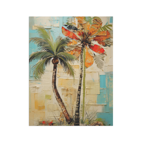 Artistic depiction of palm trees with a colorful abstract background