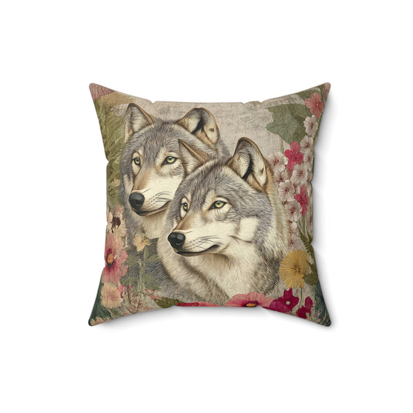 Decorative pillow with two wolves and floral patterns on a white background