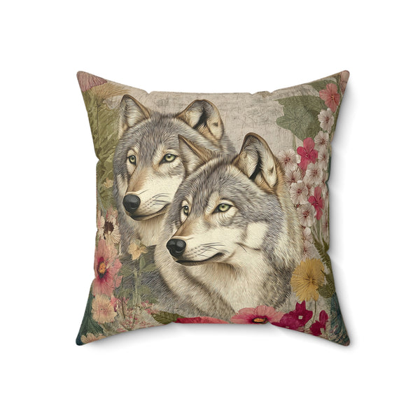 Decorative pillow with two wolves and floral patterns on a white background