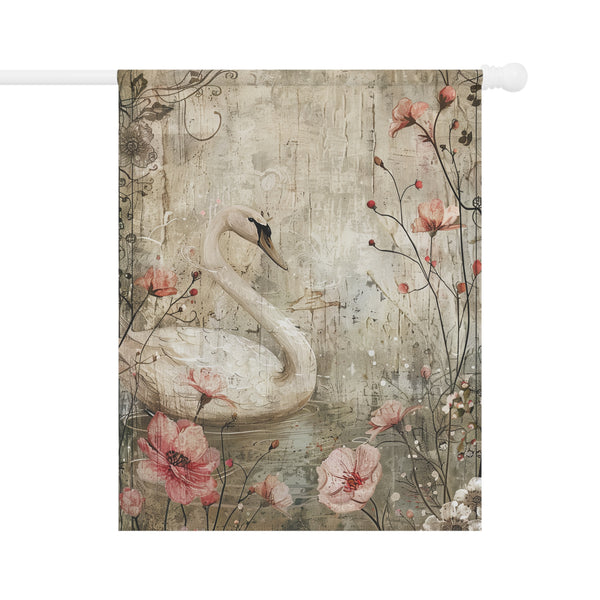 Decorative flag with a swan and floral design on a textured background