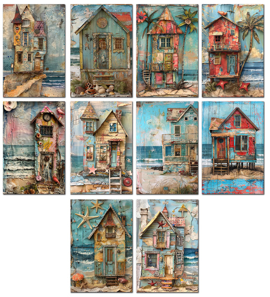 10 Handmade Whimsical Beach Houses – Blank Inside – Folded 4x6 Every Occasion Cards with White Envelopes 