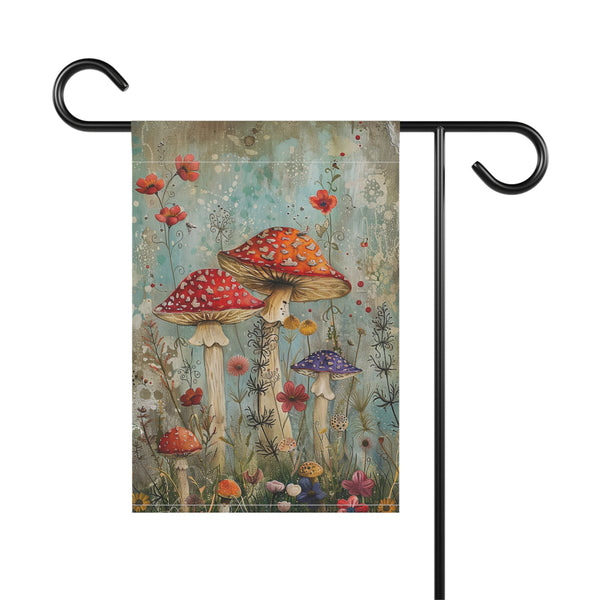 Decorative garden flag with colorful mushrooms and flowers on a white background