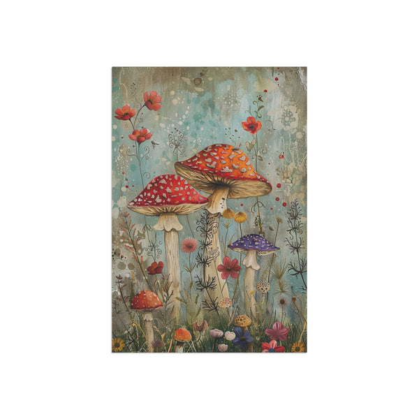 Illustration of colorful mushrooms and flowers on a textured background
