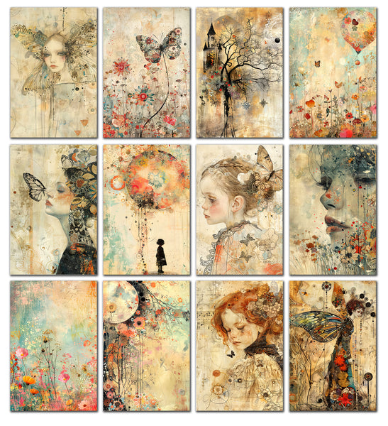 12 Handmade Whimsical Wings – Blank Inside – Folded 4x6 Every Occasion Notecards with White Envelopes