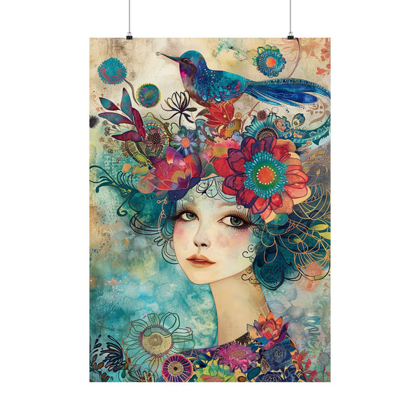 Colorful artwork of a woman with flowers and birds in her hair on a textured background