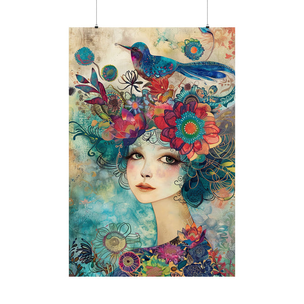 Colorful artwork of a woman with flowers and birds in her hair on a textured background