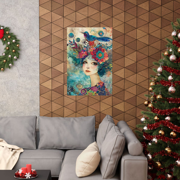 Decorative living room with a painting of a woman with flowers, a Christmas tree, and a gray sofa.