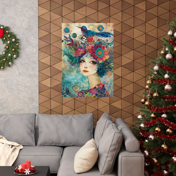 Decorative wall art of a woman with flowers and a hummingbird in a living room with a Christmas tree.