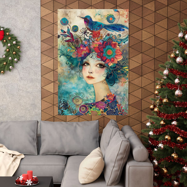 Decorative wall art of a woman with flowers and a bird in a living room with Christmas decorations.