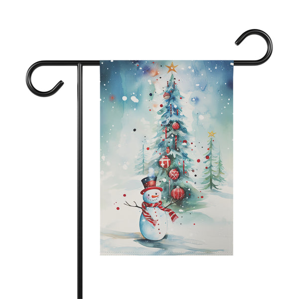Decorative garden flag with a Christmas tree and snowman design on a white background.