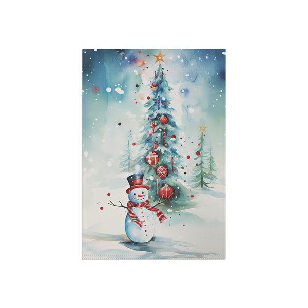 Christmas card with a snowman and decorated tree in a snowy landscape