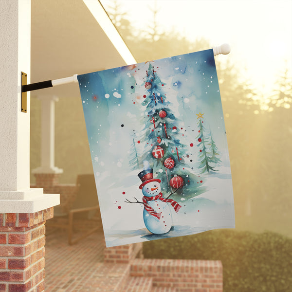 Decorative Christmas flag with a snowman and tree design on a porch.