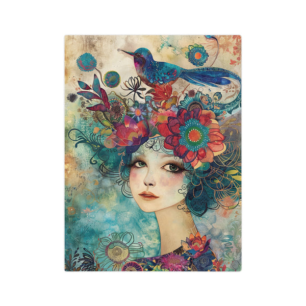 Velveteen Blanket, Abstract Woman Watercolor Painting and Flowers, Blue Bird