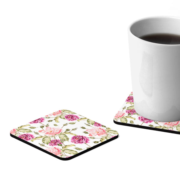 Pink Rose Square Hardboard Coaster Set - 4pcs