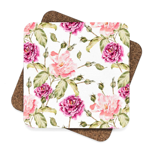 Pink Rose Square Hardboard Coaster Set - 4pcs