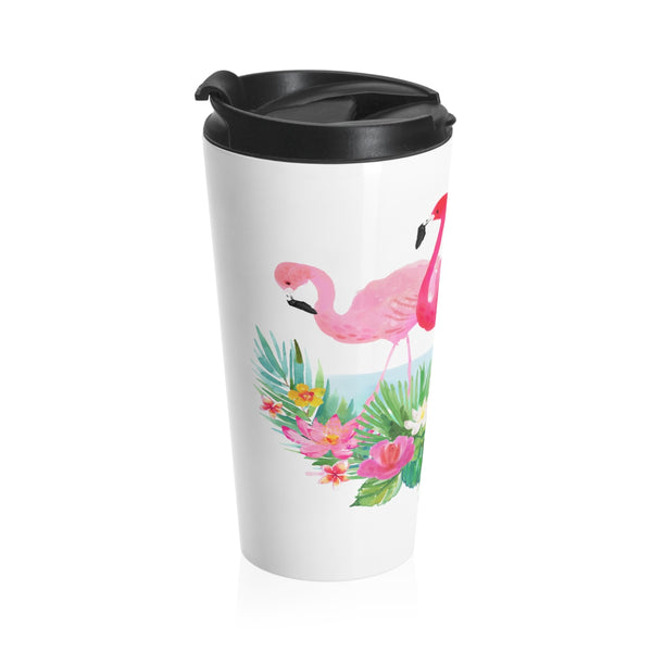 Tropical Flowers and Pink Flamingo Stainless Steel Travel Mugs 15 oz 