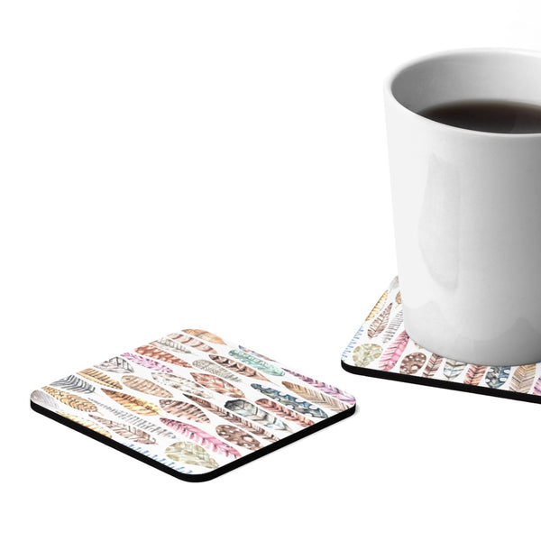 BoHo Feathers Square Hardboard Drink Coasters Set of 4