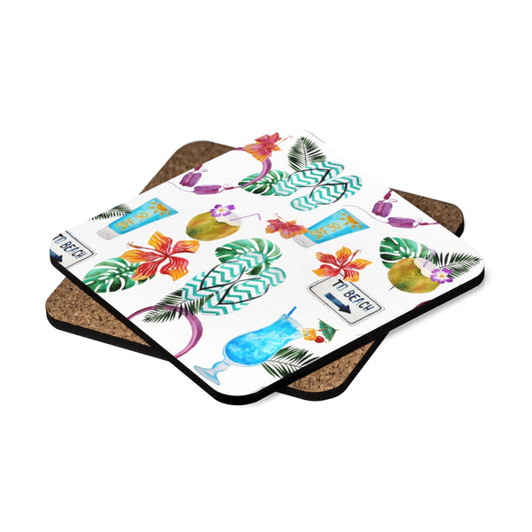 Beach Drinks Square Hardboard Coaster Set - 4pcs, Beach Home Decor