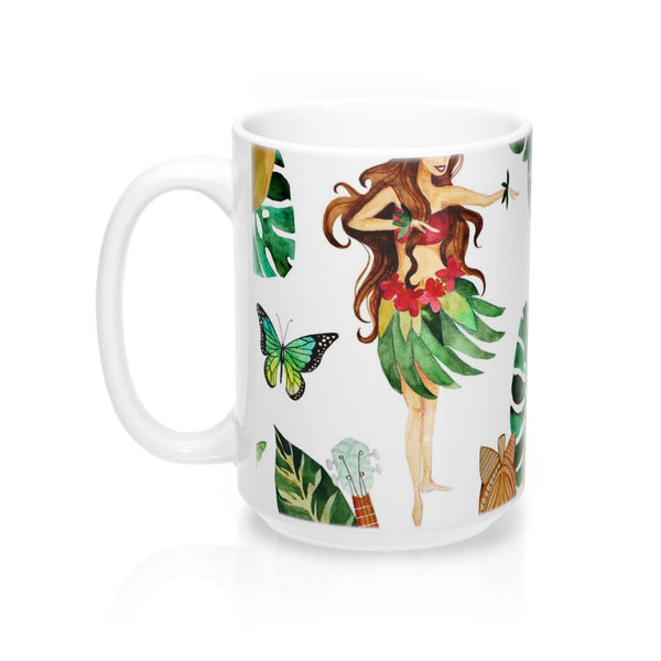 Hula Dancer and Tropical Flower Coffee Mugs, Hawaiian Home Decor 15oz