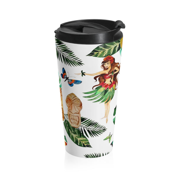 Hula Dancer and Tropical Flower Stainless Steel Travel Mug,  15oz