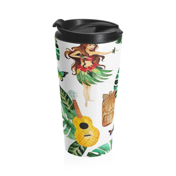 Hula Dancer and Tropical Flower Stainless Steel Travel Mug,  15oz