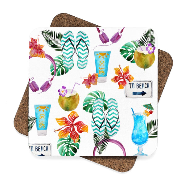 Beach Drinks Square Hardboard Coaster Set - 4pcs, Beach Home Decor
