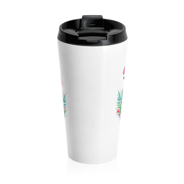 Tropical Flowers and Pink Flamingo Stainless Steel Travel Mugs 15 oz 