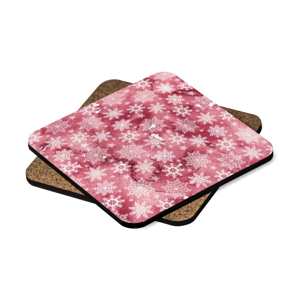 Snowflake Pink Square Hardboard Coaster Set - 4pcs