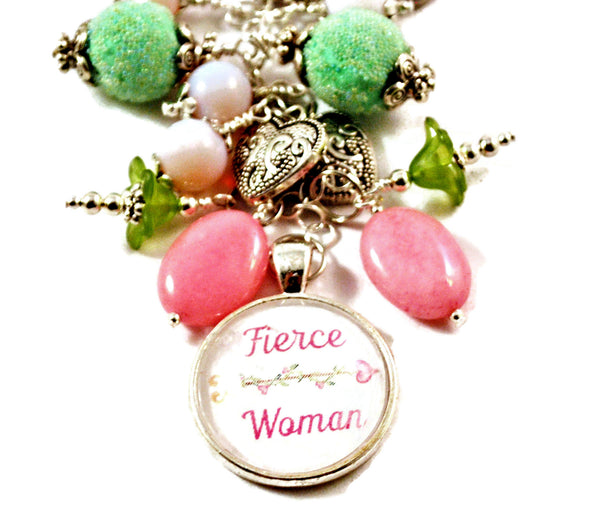 Fierce Woman Handmade Beaded Keyring Purse Charm with Pink and Green Dangles