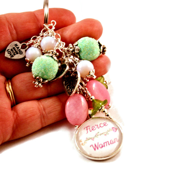 Fierce Woman Handmade Beaded Keyring Purse Charm with Pink and Green Dangles