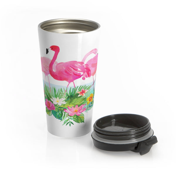 Tropical Flowers and Pink Flamingo Stainless Steel Travel Mugs 15 oz 