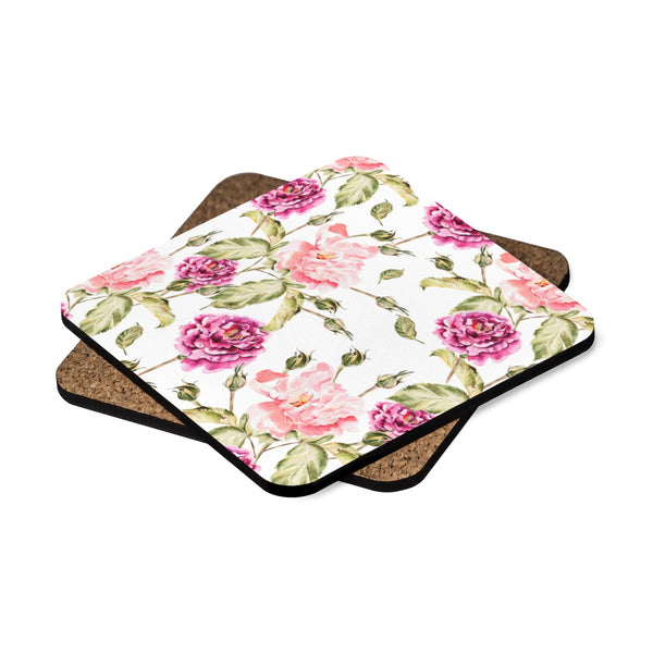 Pink Rose Square Hardboard Coaster Set - 4pcs
