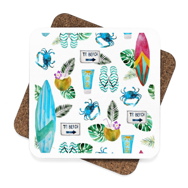 Beach Drinks Square Hardboard Coaster Set - 4pcs, Beach Home Decor