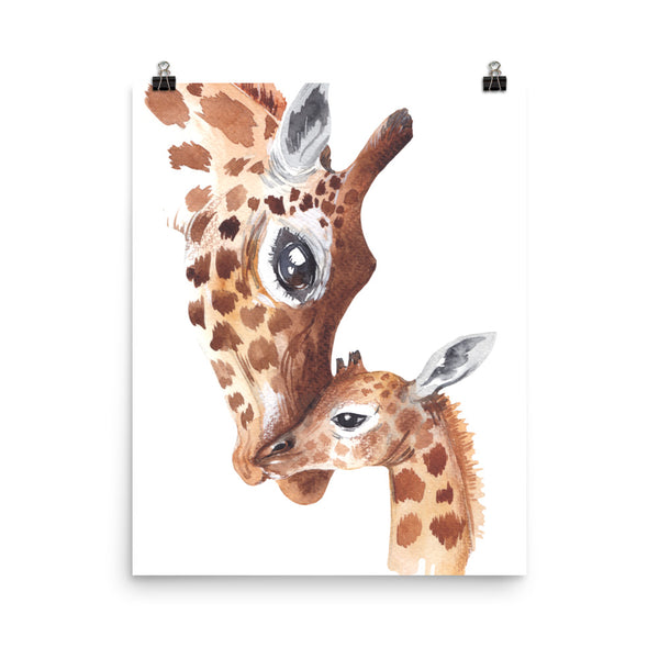 Mother and Child Watercolor Giraffe Poster Print Wall Art for Kids Rooms
