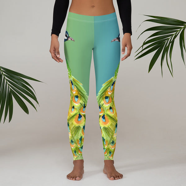 Colorful Watercolor Peacock Leggings for Women, Yoga Pants 