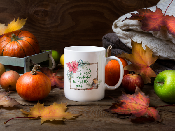 Holiday Christmas Coffee Mugs 11oz White Ceramic with Poinsettias 